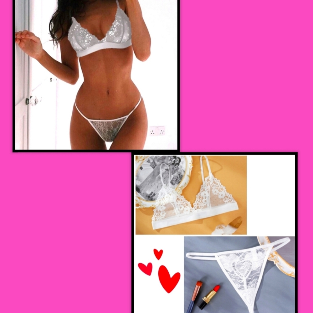 2for$15🔥Sexy White Sheer Lace Bra & Thong Panty Lingerie Set🔥